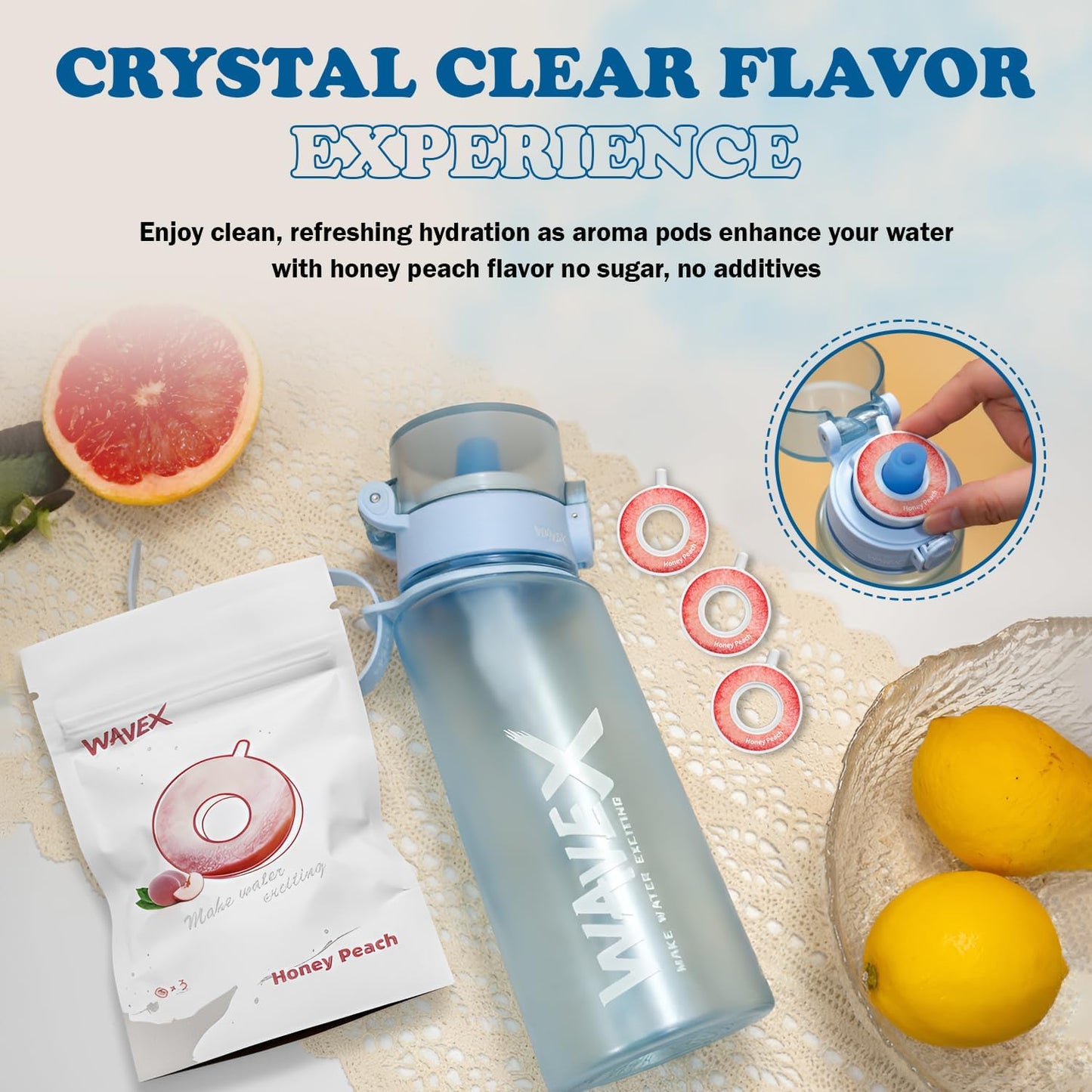 550ml Crystal Clear Blue Tritan Water Bottle + 3 Honey Peach Aroma Scent Pods