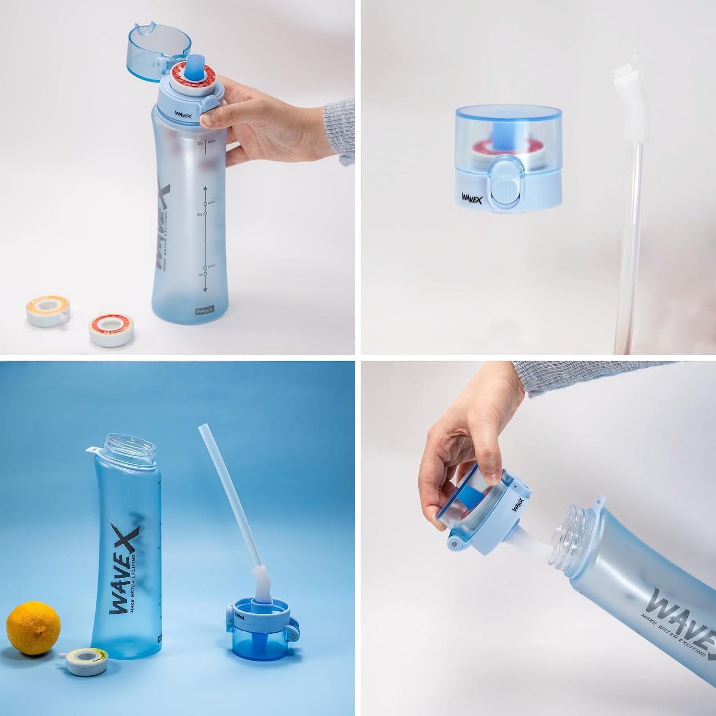 WAVEX 600ml Glacier Blue Tritan Water Bottle with Variety 8-Scent Pods Discovery Set