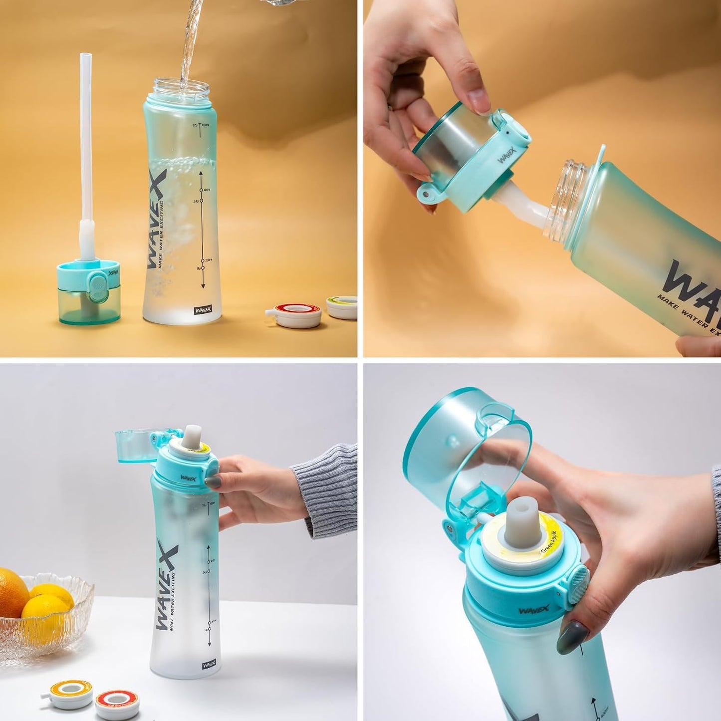 WAVEX 600ml Sea Breeze Turquoise Tritan Water Bottle with Variety 8-Scent Pods Discovery Set