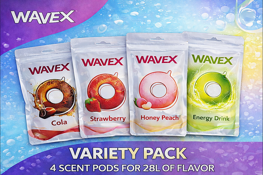 Variety 4-pack: Cola, Strawberry, Honey Peach, Energy Drink Scent Pods, Only for Wavex Scent-Powered Water Bottles