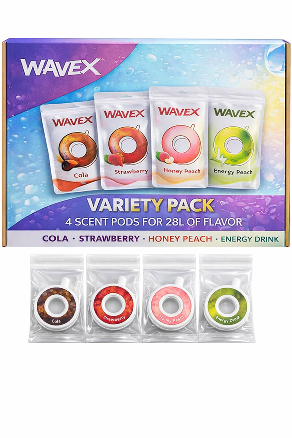 Variety 4-pack: Cola, Strawberry, Honey Peach, Energy Drink Scent Pods, Only for Wavex Scent-Powered Water Bottles