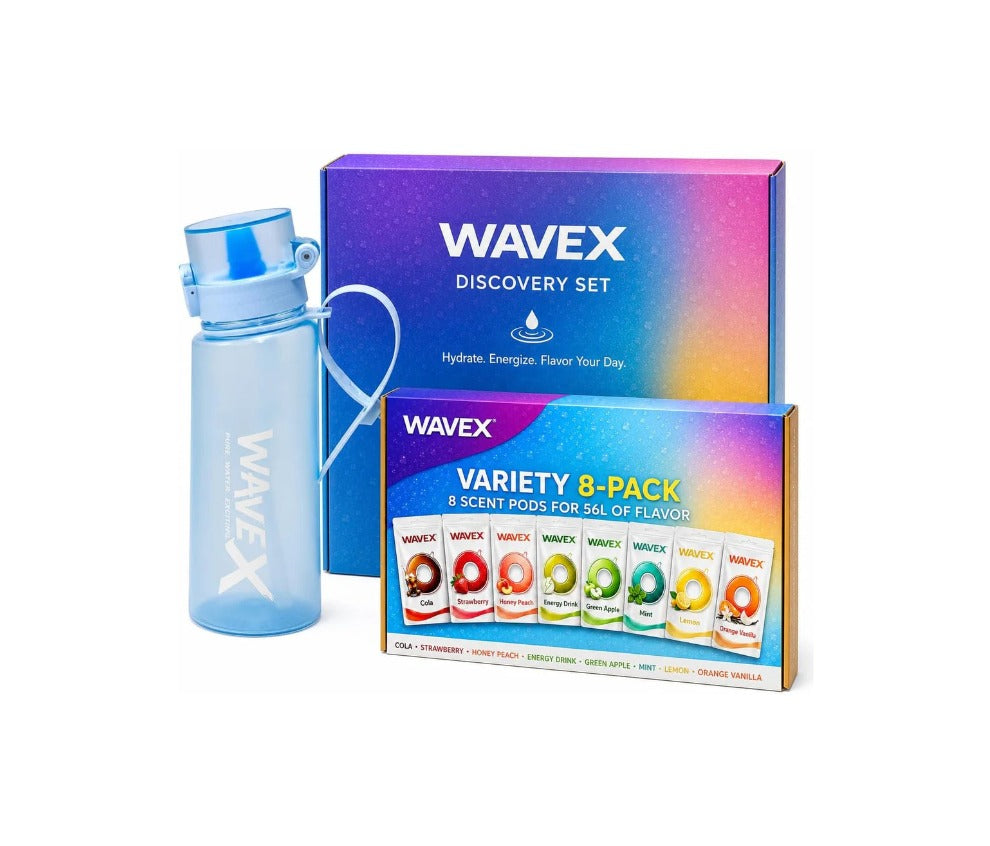 Wavex Discovery Set 550ml Crystal Clear Blue Tritan bottle with Variety 8-Pack scent pods Cola Strawberry Honey Peach Energy Drink Green Apple Mint Lemon Orange Vanilla