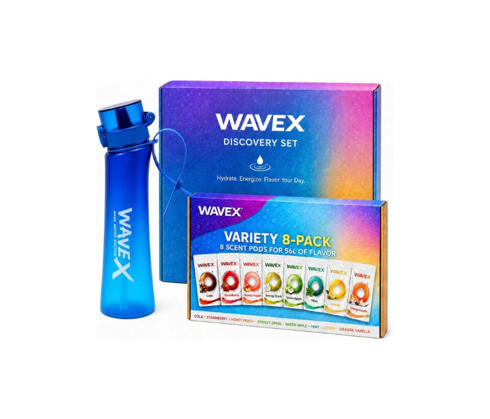 Wavex Discovery Set 600ml Deep Tide Blue Tritan bottle with Variety 8-Pack scent pods Cola Strawberry Honey Peach Energy Drink Green Apple Mint Lemon Orange Vanilla 56L of flavor